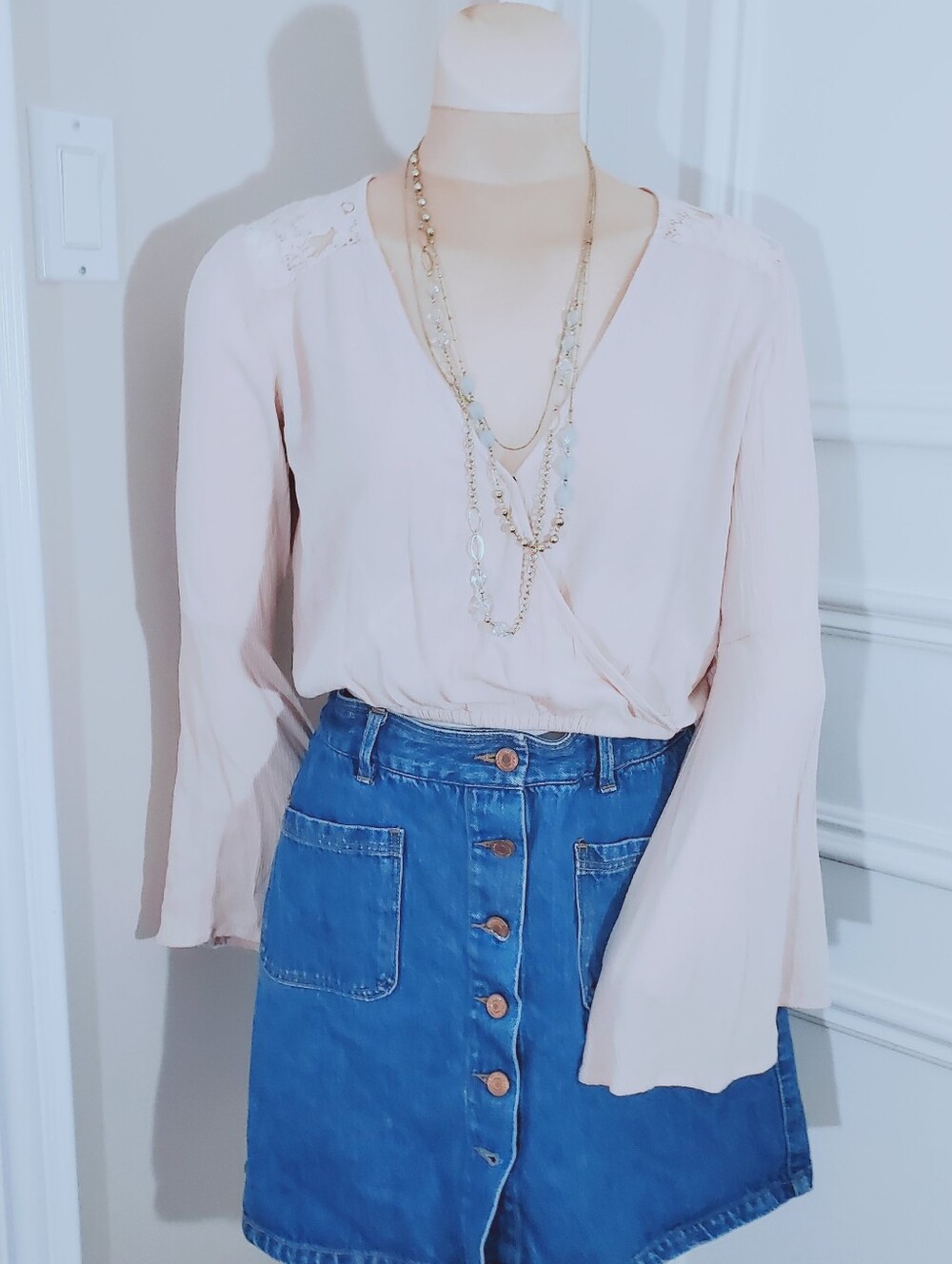 Soft Boho Pink Bell Sleeve Cross Over Surplice Crop Top